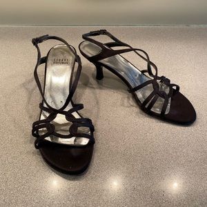 Satin black strappy Stuart Weitzman heels size 7